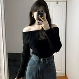 QWEEK Off Shoulder Women's Sweater Korean Fashion Autumn Black Knitted Sweaters Long Sleeve Female Elegant Pullovers Sexy Jumper