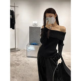 QWEEK Off Shoulder Women's Sweater Korean Fashion Autumn Black Knitted Sweaters Long Sleeve Female Elegant Pullovers Sexy Jumper